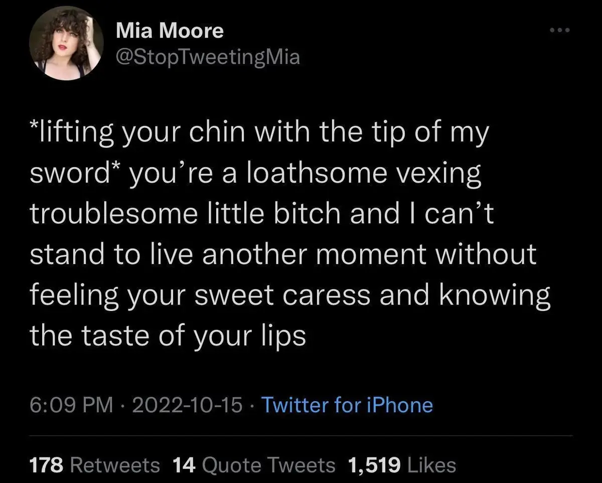 A screenshot of a Twitter post by Mia Moore (@StopTweetingMia) showing a dramatic, overly poetic and contradictory message…