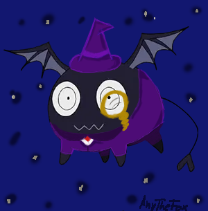 A cartoon bat wearing a purple witch's hat and cape, holding a magnifying glass to its eye, against a dark blue night sky…