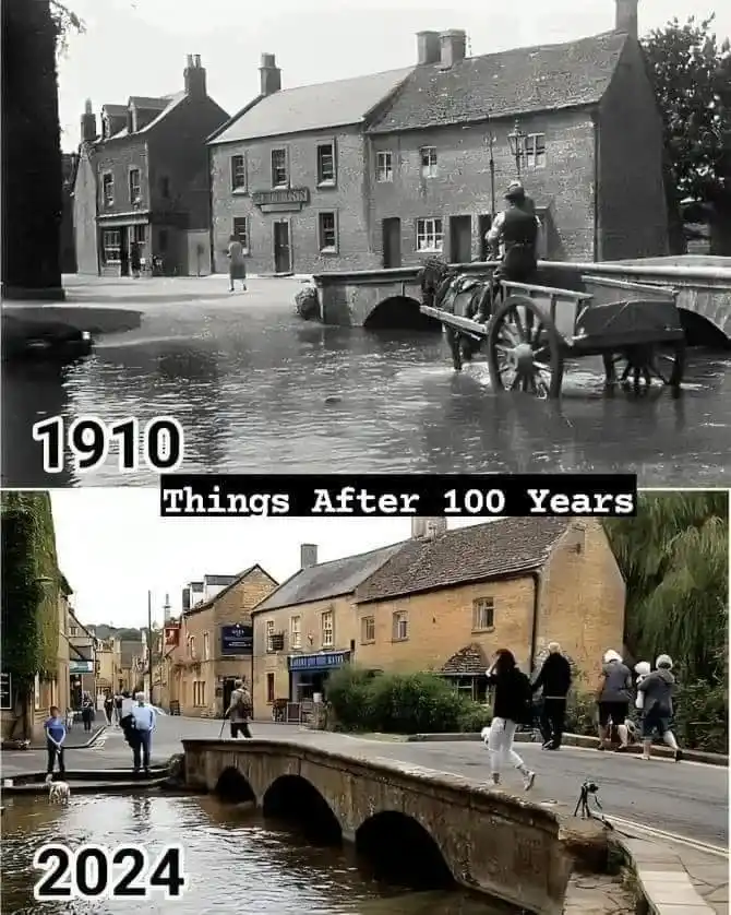 A split image shows a black-and-white photo from 1910 with a horse-drawn cart crossing a flooded street over a stone bridge…