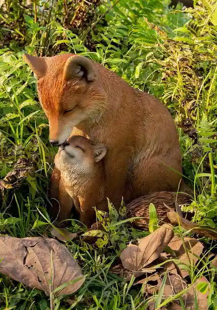 A statue of a mother fox gently nuzzling her cub, both with closed eyes in a peaceful garden setting surrounded by green…