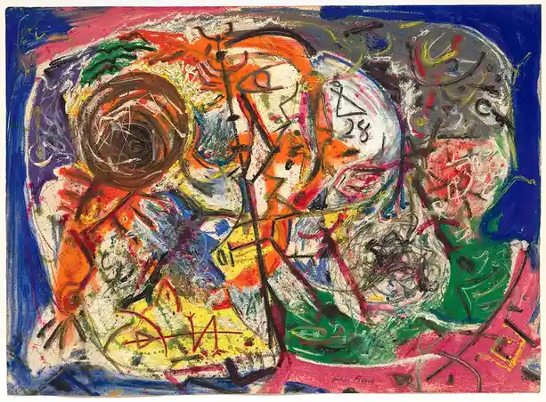A colorful abstract painting by Jean Dubuffet, featuring swirling forms, distorted faces, and chaotic brushwork in vibrant…