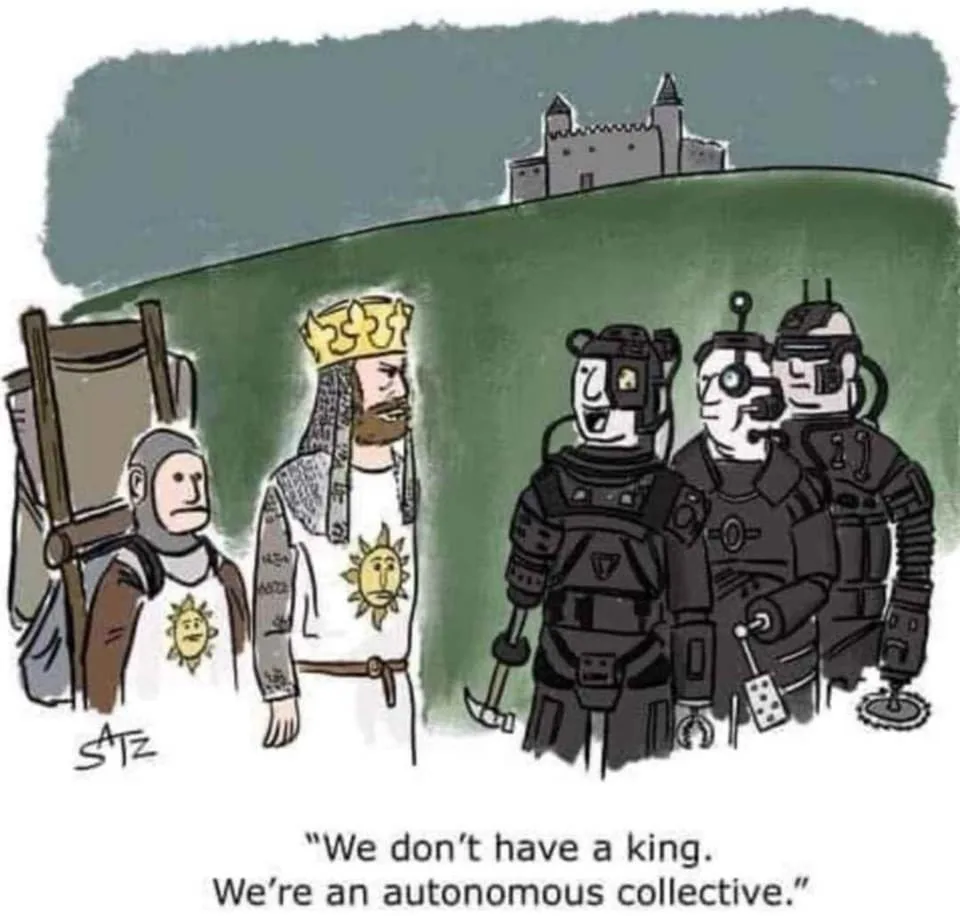 A cartoon depicts a medieval king with a crown and sun emblem standing before a group of three futuristic, armored robots…