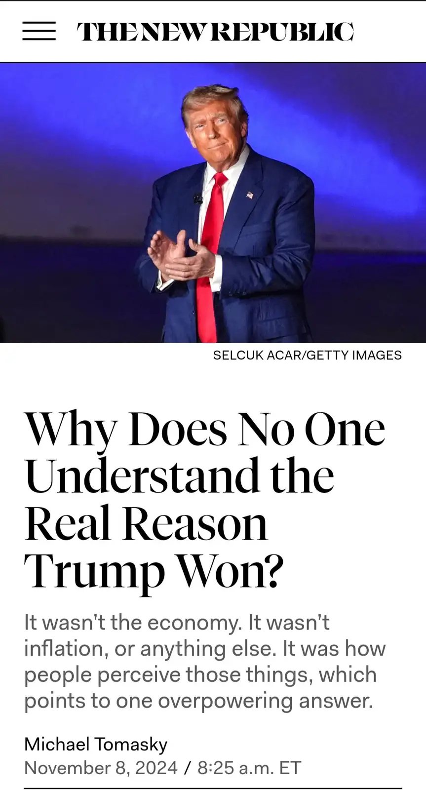 The image displays a screenshot of an article from 'The New Republic' featuring a photo of Donald Trump in a blue suit and…
