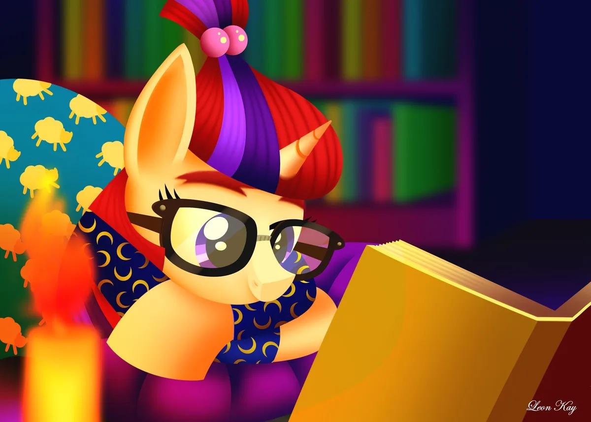 A cartoon pony with red and purple hair, wearing glasses and a blue crescent moon-patterned scarf, is reading a book while…