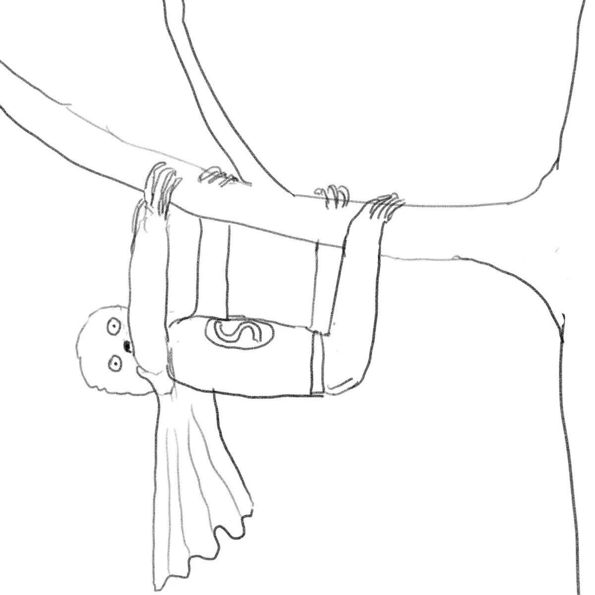 A simple black-and-white line drawing shows a person hanging upside down from a horizontal bar with both hands, wearing…