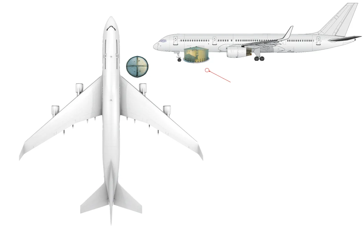 the image shows a white passenger airplane from a top-down view, with a side-view illustration of the same plane. A large…
