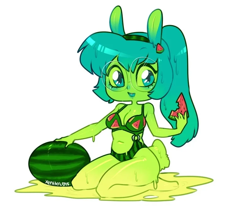 A cartoon girl with teal hair and green skin sits on a puddle of yellow liquid, wearing a watermelon-themed bikini and…
