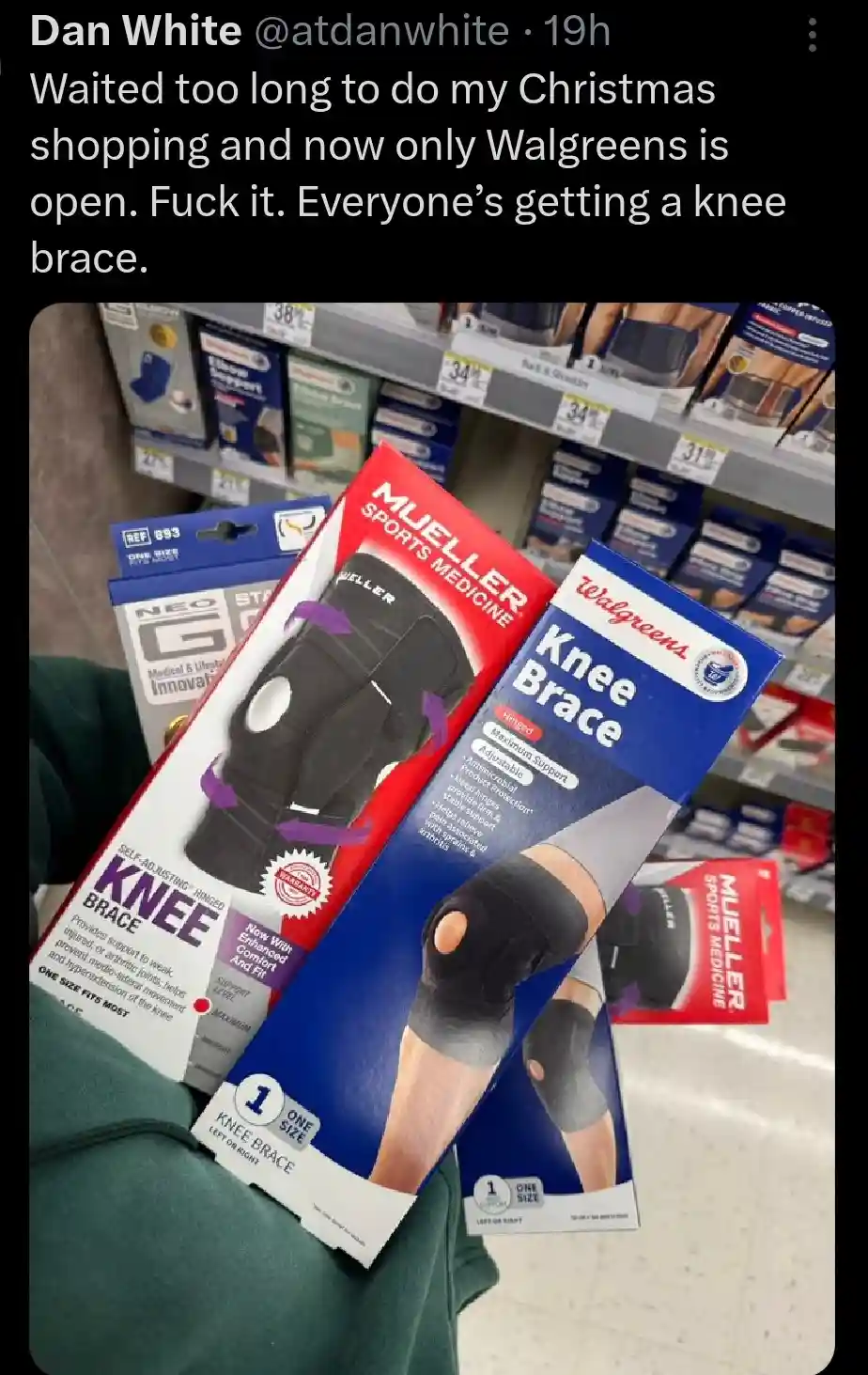 A person holds two knee brace packages from Walgreens and Mueller Sports Medicine in a pharmacy aisle. The text overlay…