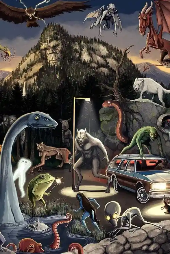 A surreal, darkly whimsical illustration depicts a chaotic scene filled with numerous monsters and cryptids surrounding a…