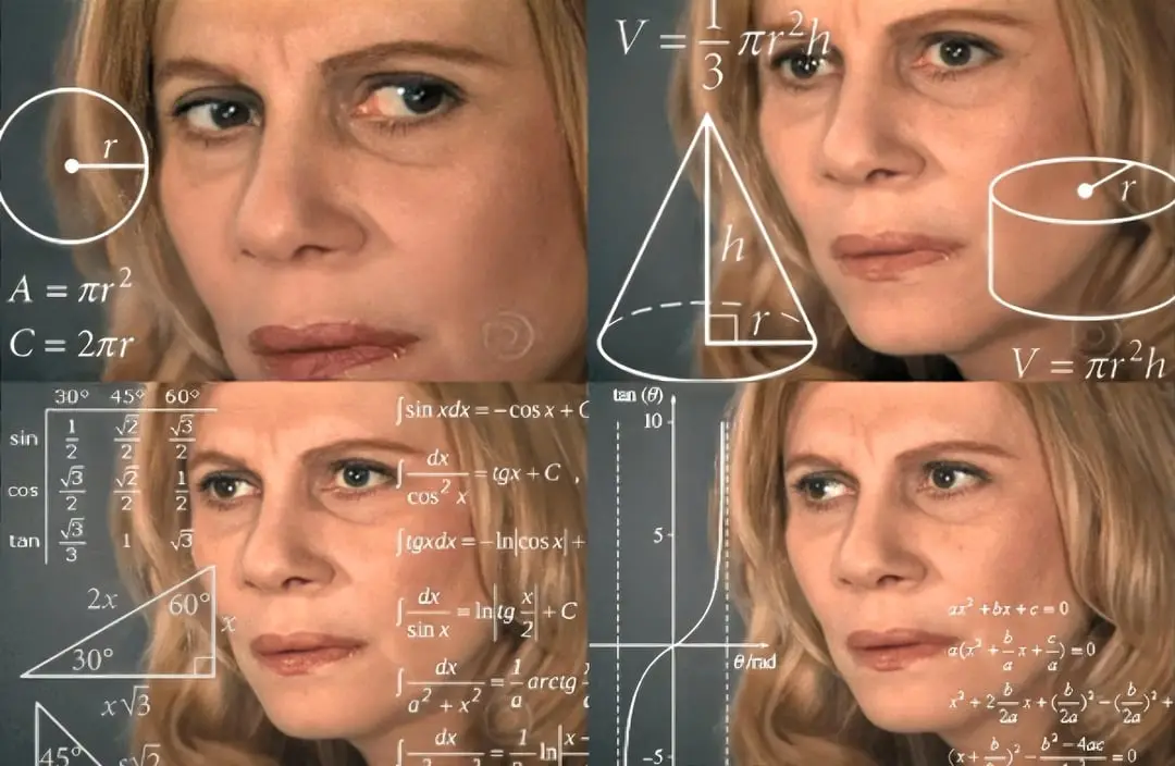 A four-panel image shows a woman with a progressively more distressed expression as mathematical formulas and geometric…