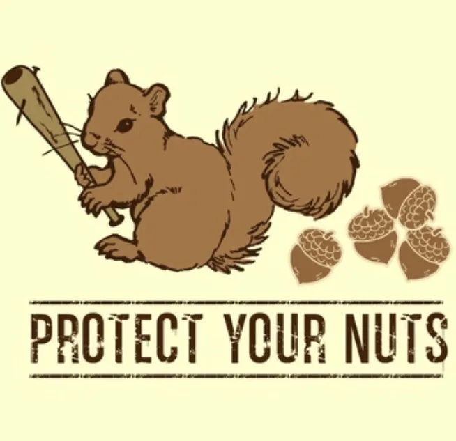 A cartoon illustration of a brown squirrel holding a baseball bat, with acorns scattered nearby, overlaid with the text…