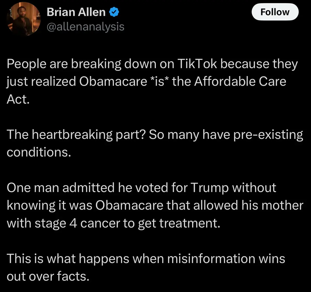 A screenshot of a tweet by Brian Allen (@allenanalysis) with a black background and white text. The tweet details how people…