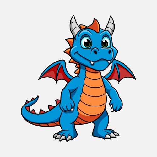 A cartoon blue dragon with orange underbelly, red wings, and horns stands upright with a cheerful expression. The overlaid…