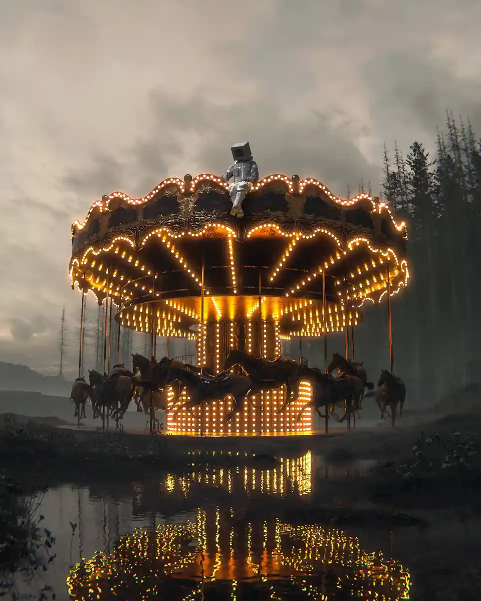 A person in a silver astronaut suit with a square computer monitor for a head sits atop a brightly lit, ornate carousel in a…