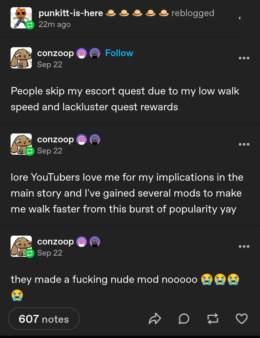A Tumblr post by user 'conzoop' shows three comments about a video game character. The first says players skip their escort…