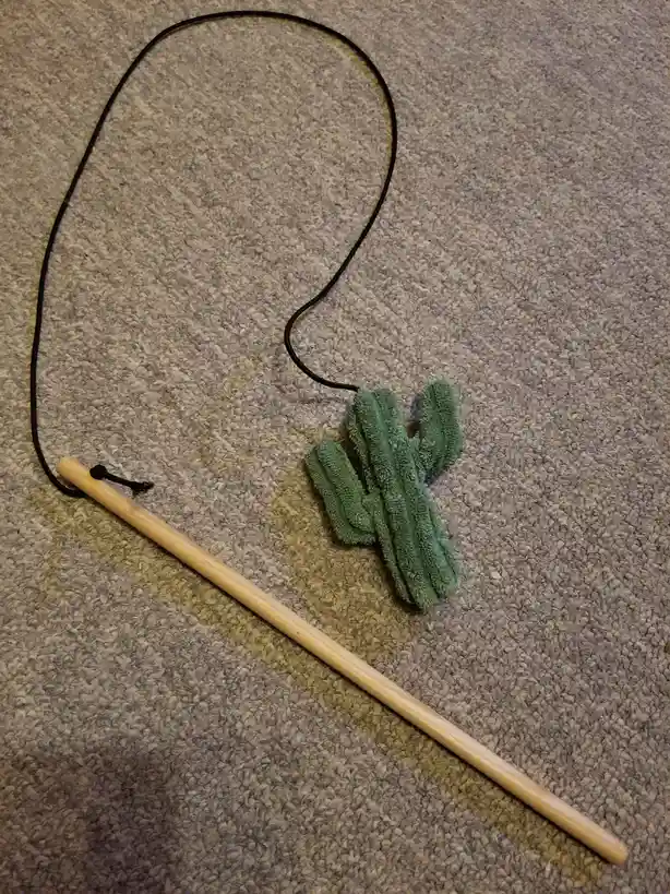 A green, fuzzy cactus-shaped toy is attached by a black string to a wooden stick, lying on a beige carpet. The overlaid text…