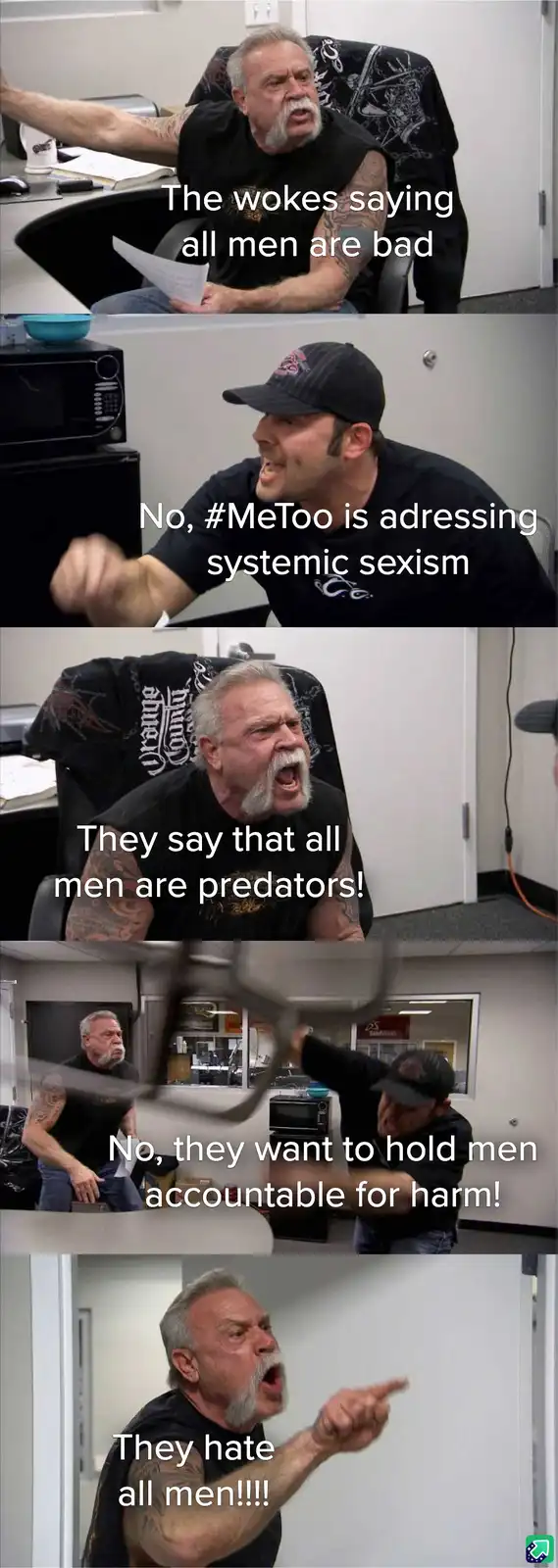 A five-panel meme featuring two men in an office setting. The first man, with a white beard and tattoos, reacts with…