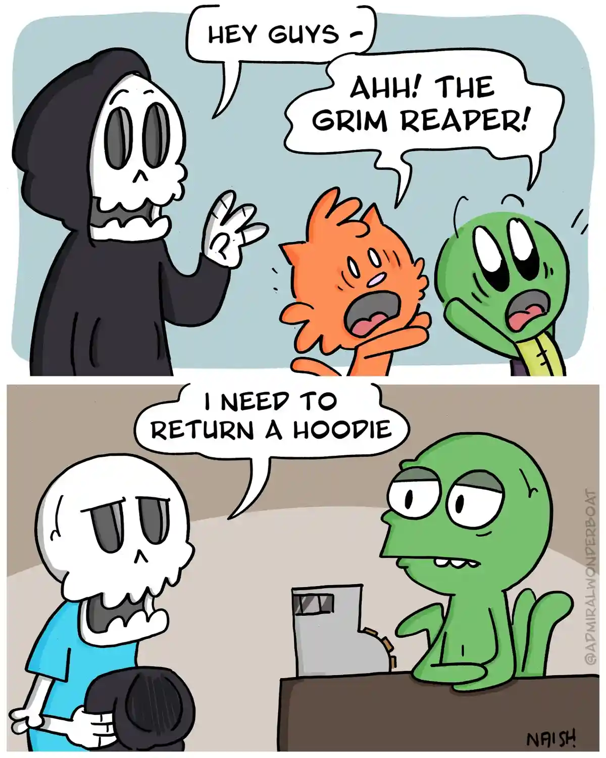 A two-panel comic shows a skeleton in a black hooded robe greeting two terrified cartoon characters, an orange cat and a…
