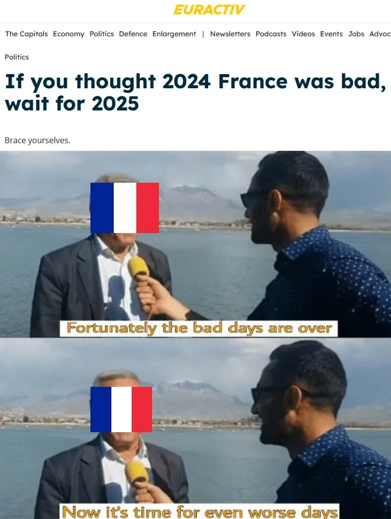 A two-panel meme from EURACTIV featuring a man with a French flag over his face being interviewed. In the first panel, he…