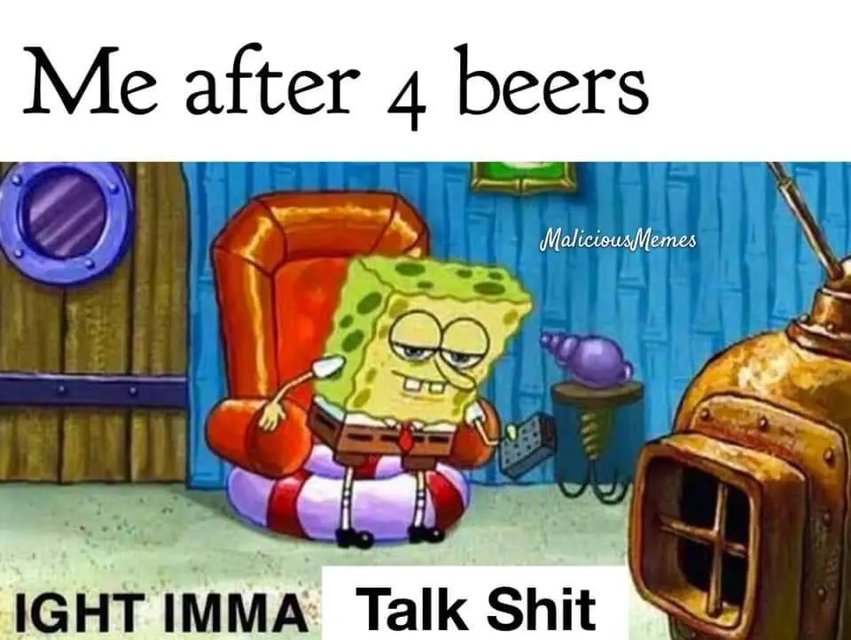 SpongeBob SquarePants sits in a large orange armchair, looking drowsy and slightly intoxicated, holding a remote control…