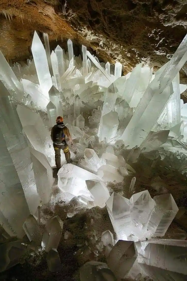 A person wearing a helmet and backpack stands dwarfed in a cavern filled with massive, towering, translucent white crystal…