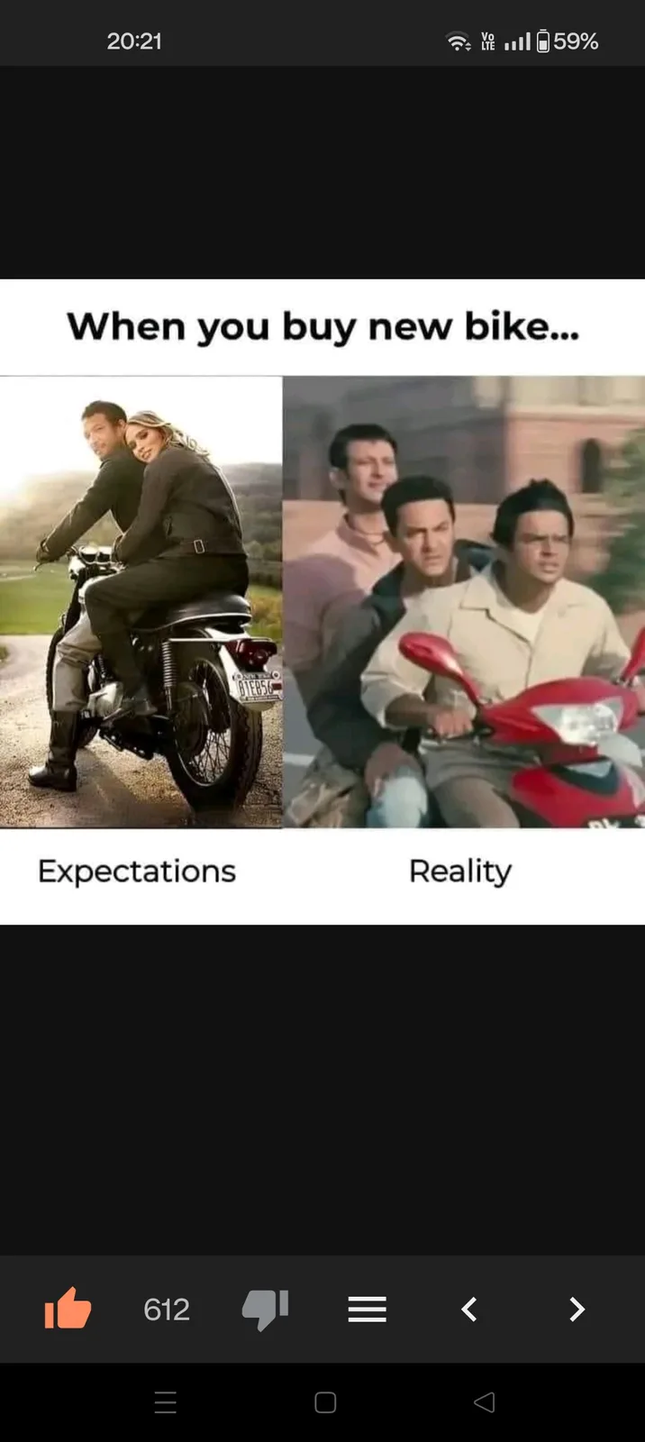The image is a split-screen meme. The left panel, labeled 'Expectations,' shows a man and woman riding a motorcycle in a…
