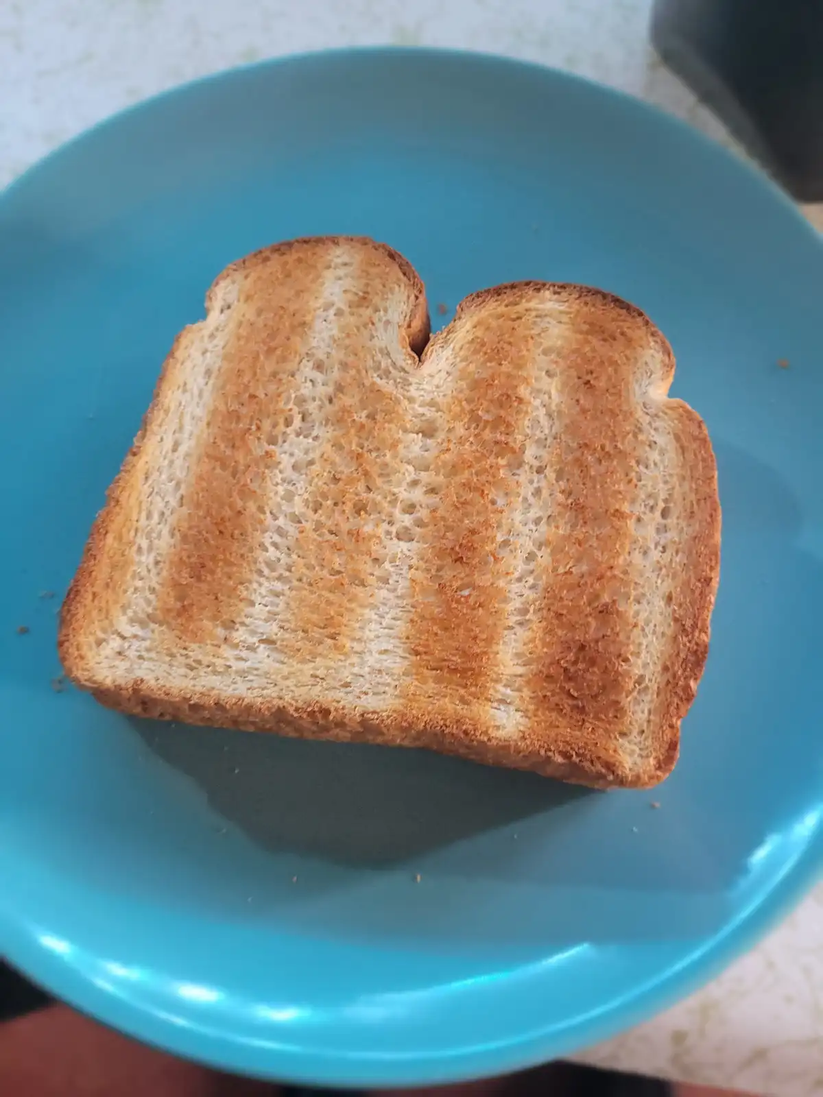 A single slice of toasted bread sits on a bright blue plate, its surface golden-brown with a slightly uneven toast pattern…