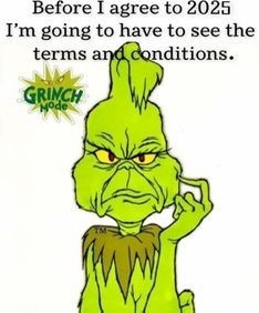 The image shows the green, grumpy cartoon character the Grinch, with a skeptical and annoyed expression, holding his finger…