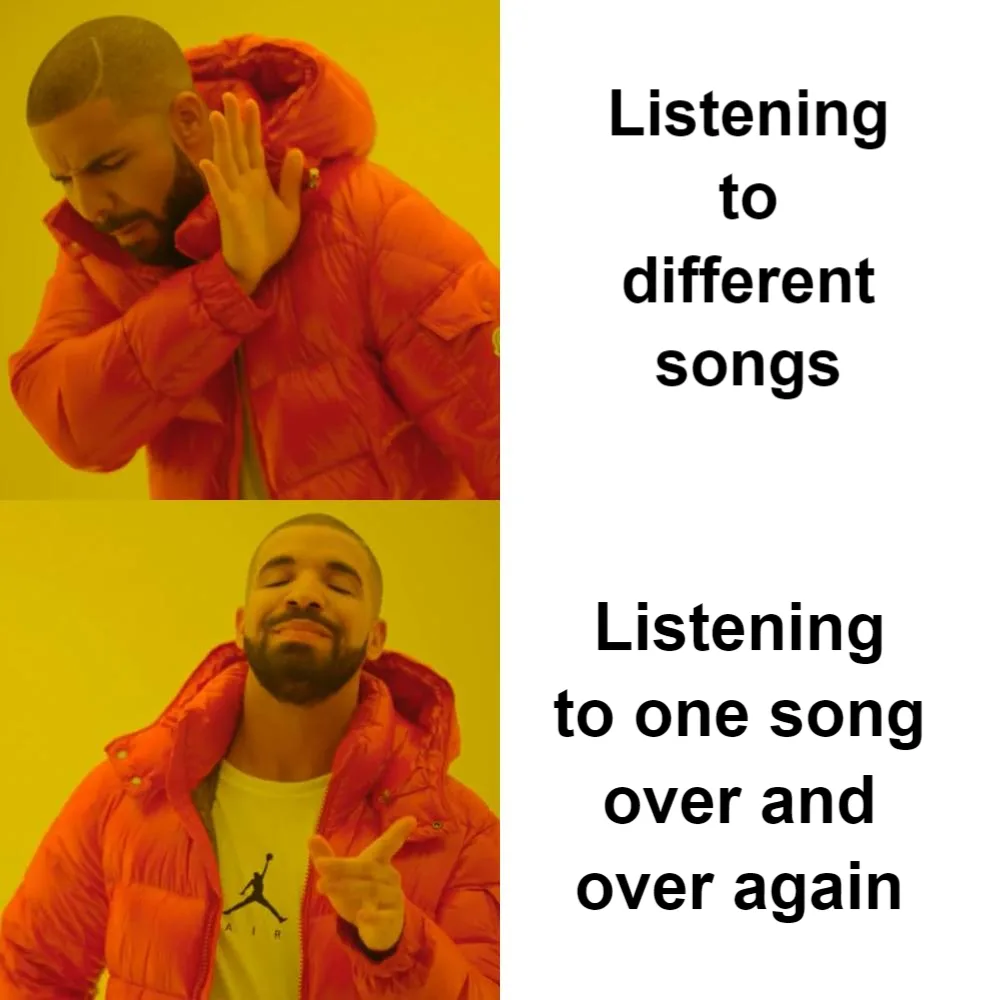 The image is a two-panel meme featuring rapper Drake. In the top panel, he looks annoyed with his hand over his ear, labeled…