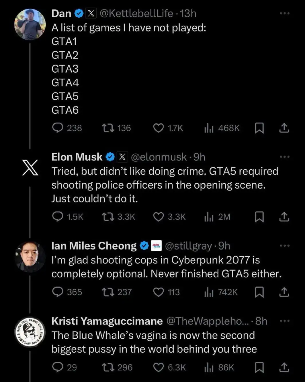 A screenshot of four X (Twitter) tweets. The first tweet by Dan lists all six Grand Theft Auto games as unplayed. Elon Musk…