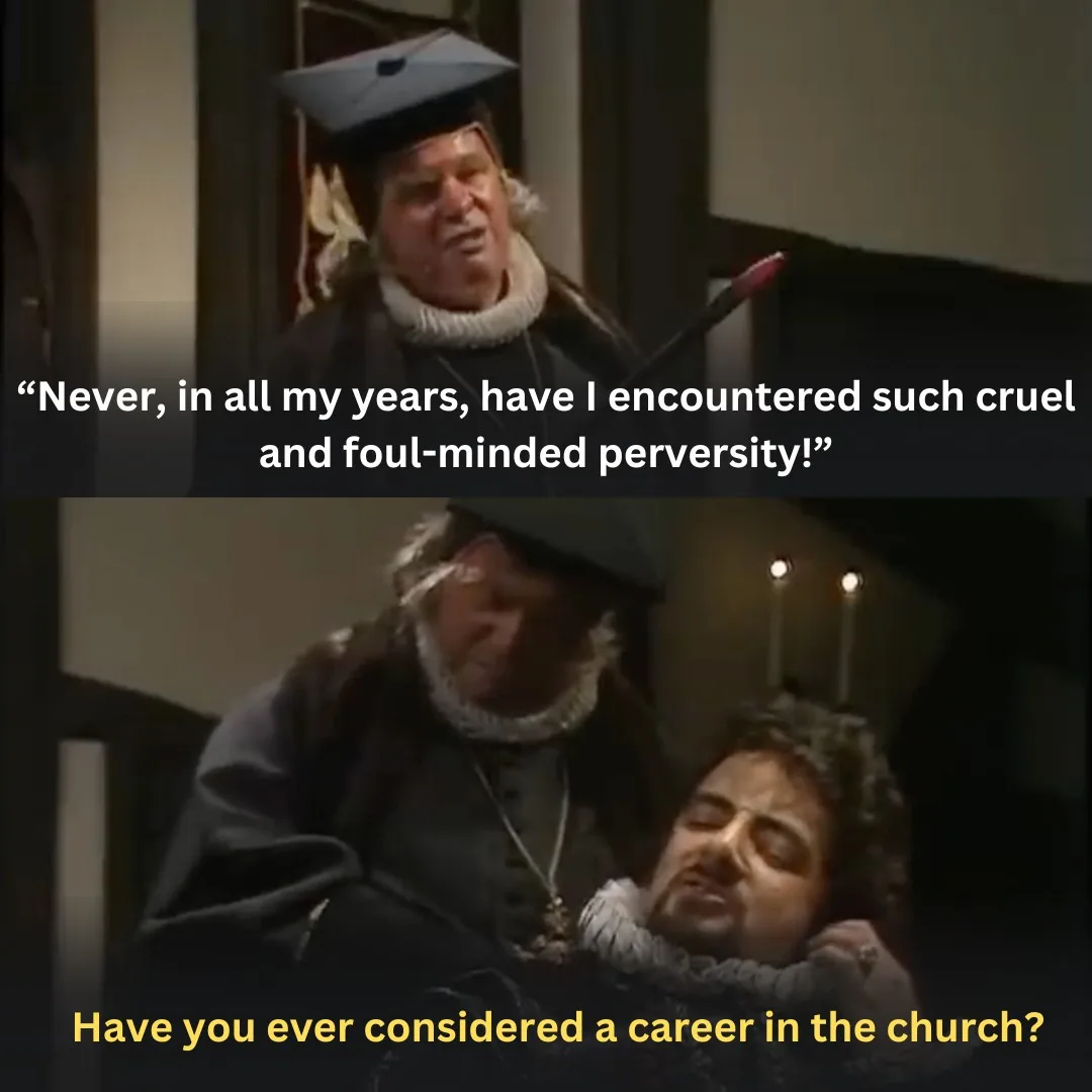 The image is a two-panel meme featuring a man in historical religious attire. In the top panel, he dramatically exclaims…