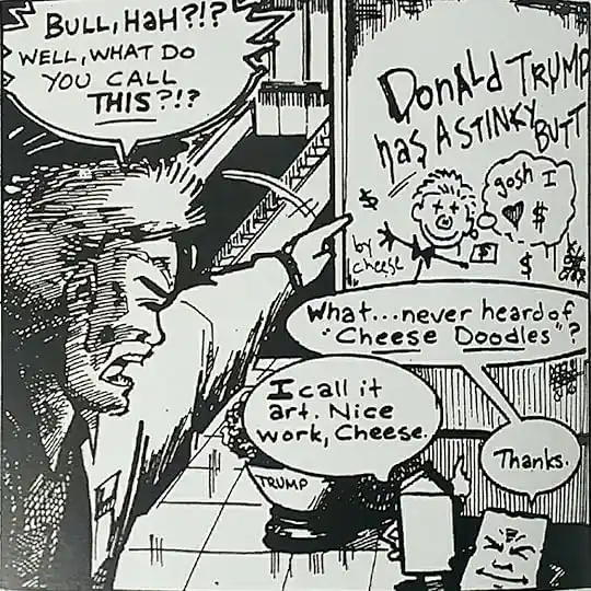 A black-and-white comic strip shows Donald Trump angrily pointing at a wall drawing labeled 'Donald Trump has a stinky butt'…