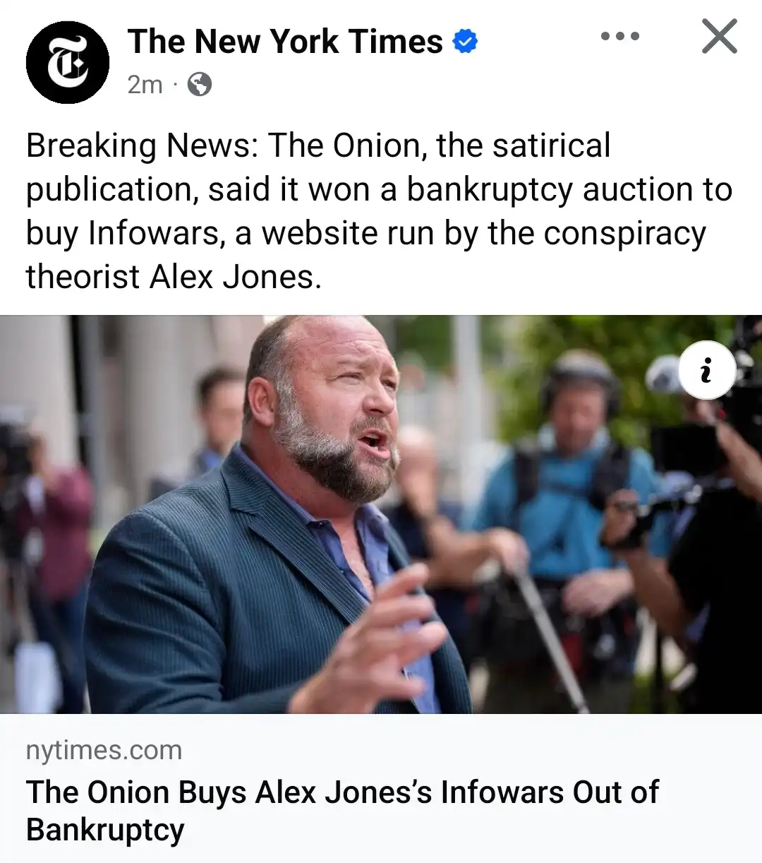 The image shows a screenshot of a fake New York Times social media post with the headline 'Breaking News: The Onion, the…