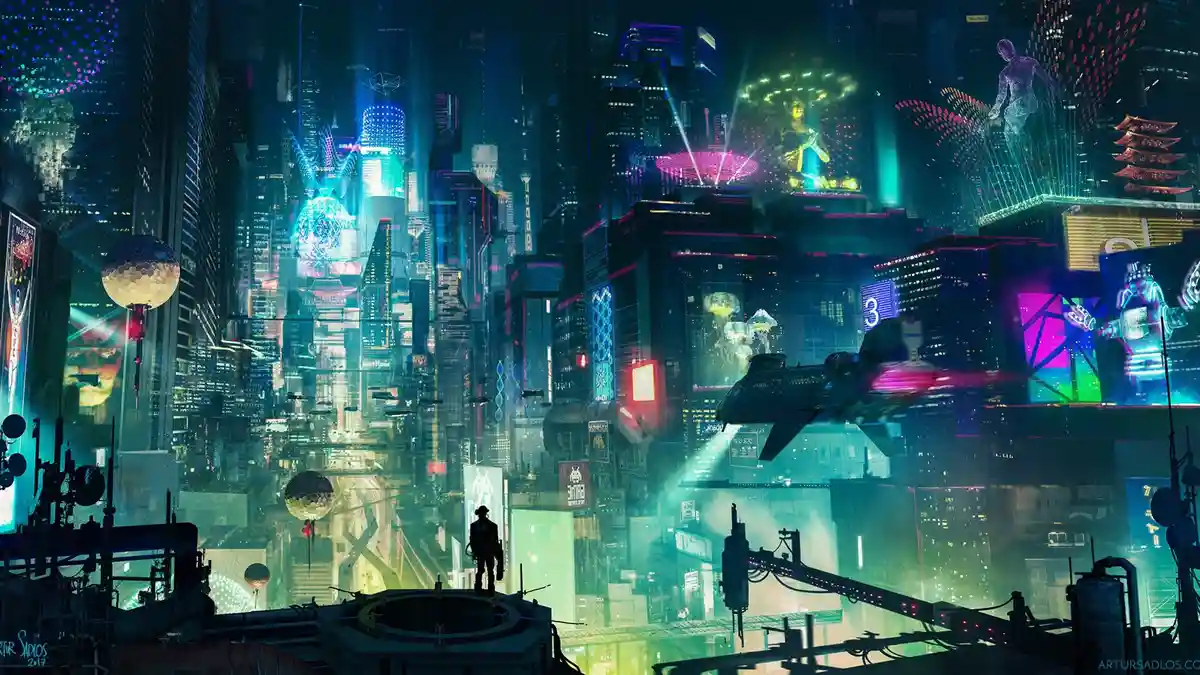 A futuristic cyberpunk cityscape at night, filled with neon lights, flying vehicles, holographic billboards, and towering…