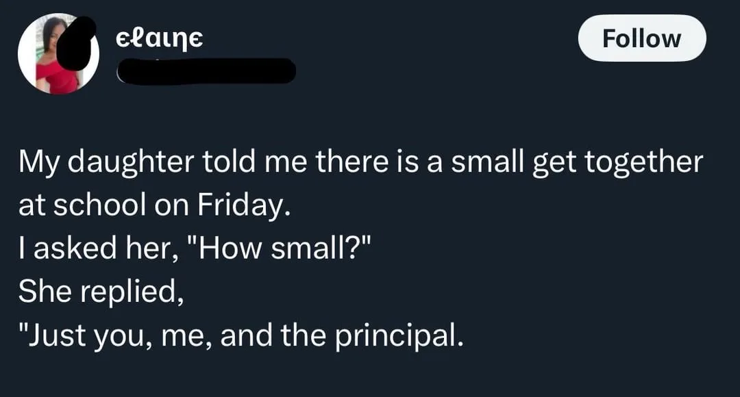 A screenshot of a social media post by a user named 'elaine' with a dark background. The post text describes a daughter…