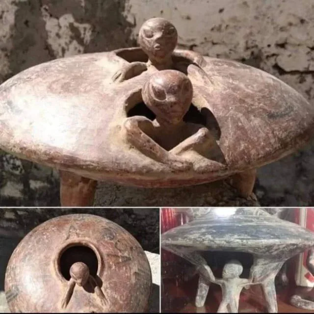 A collage of three images showing an ancient ceramic vessel with alien-like figures carved into its lid and base. The top…