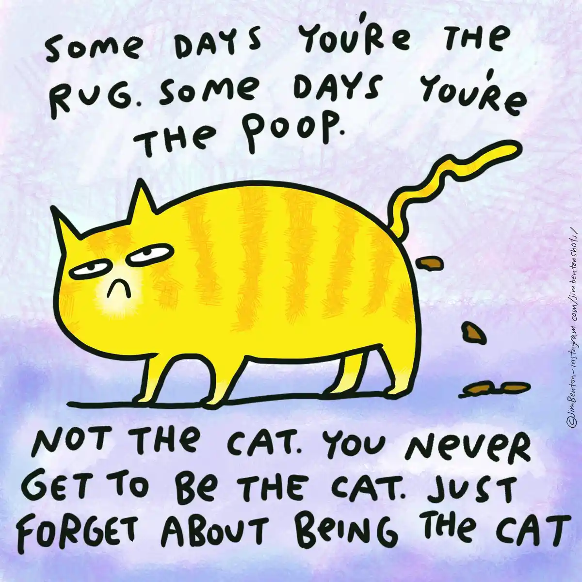 A cartoon drawing of a yellow striped cat with a grumpy expression, pooping on a purple and blue textured background. Text…