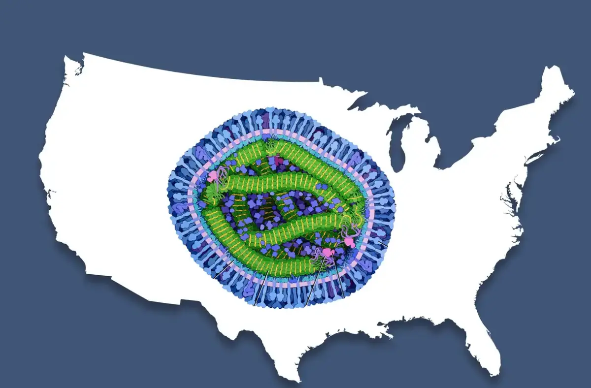 A white silhouette of the United States map on a dark blue background, with a colorful, detailed cross-section of a…
