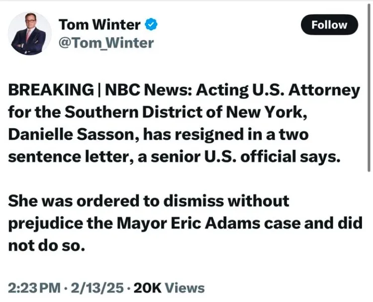 A screenshot of a Twitter post by Tom Winter showing a breaking news headline about Acting U.S. Attorney Danielle Sasson…
