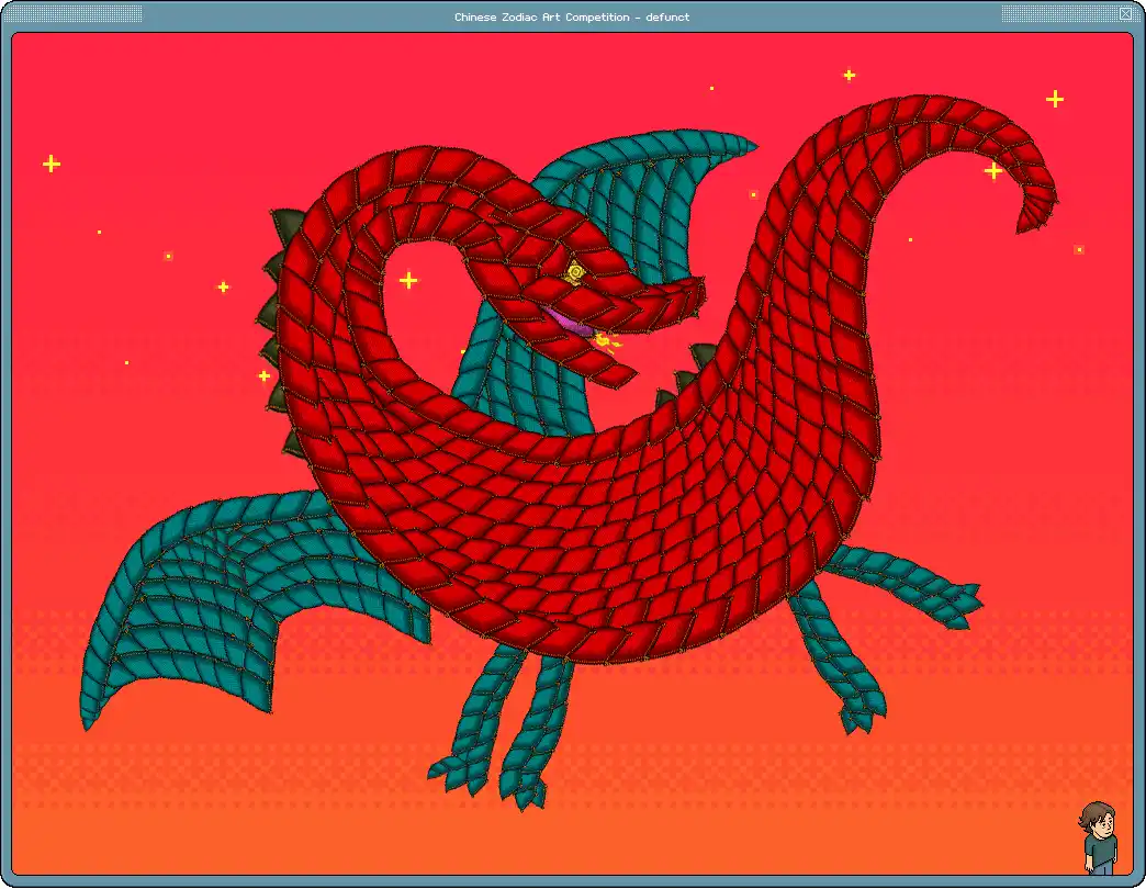 A pixel-art style image shows a red dragon with teal wings and legs against a red-orange gradient background with yellow…