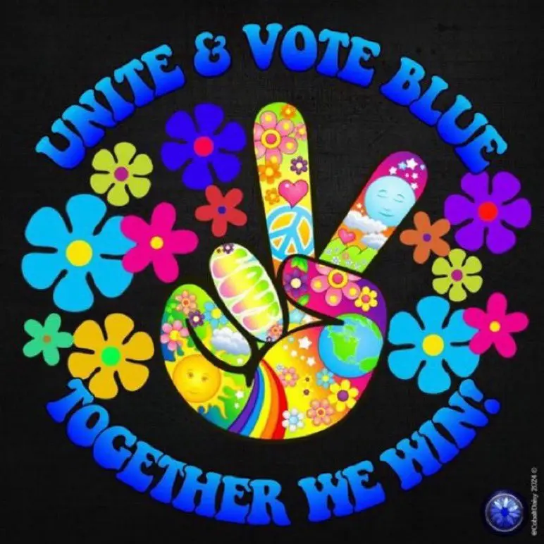A colorful graphic on a black background features a peace sign hand decorated with flowers, rainbows, suns, and a globe. The…