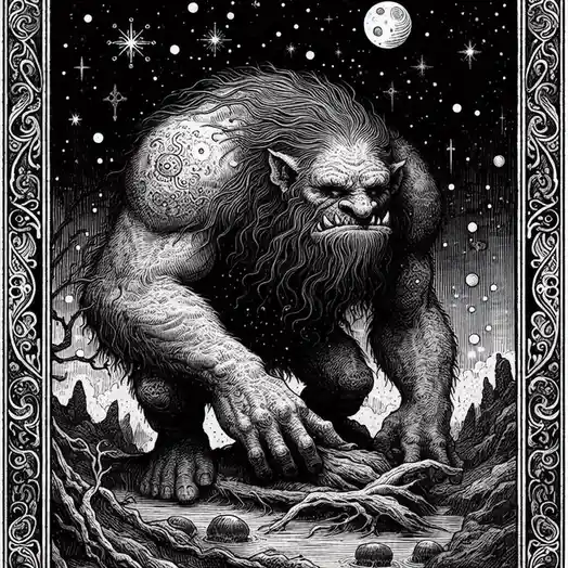 A black-and-white, highly detailed illustration depicts a large, hairy, monstrous creature with a beard and pointed ears…