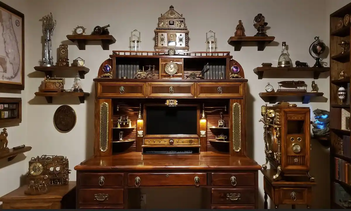 A richly detailed wooden desk and surrounding shelves are filled with ornate steampunk-style gadgets, clocks, and decorative…