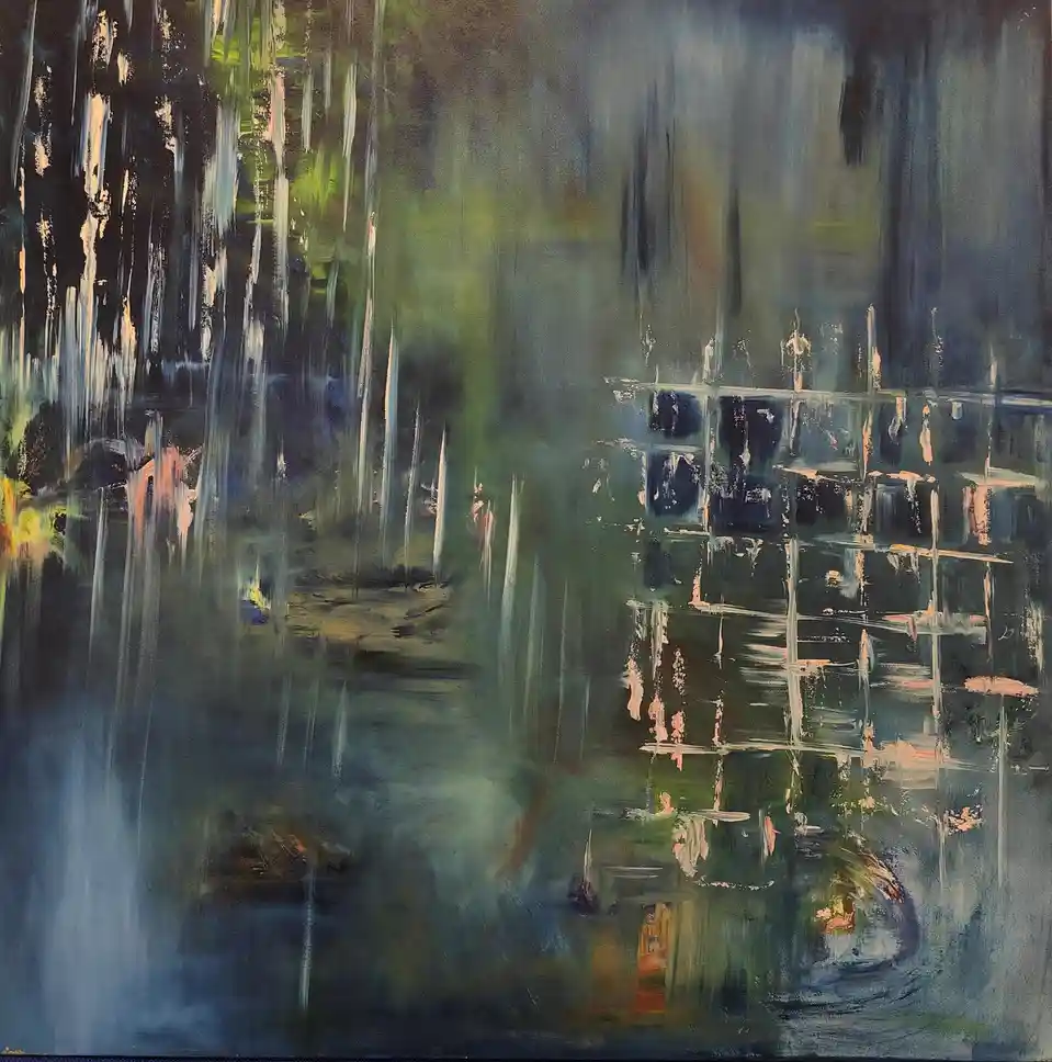An abstract painting with dark, blurred brushstrokes in greens, blues, and blacks, featuring a faint grid-like structure on…