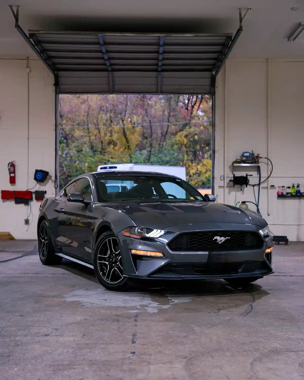 A dark gray Ford Mustang is parked inside a garage with the door open, showing autumn trees outside. The car is clean and…