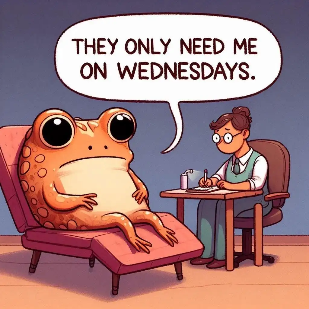 A cartoon frog sits in a pink recliner during a therapy session, speaking to a human therapist who writes notes at a desk…