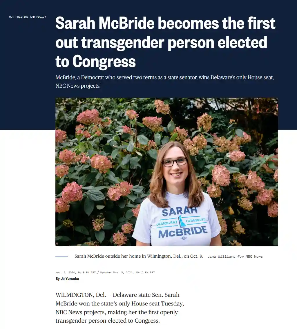 A news article screenshot shows Sarah McBride smiling in front of pink hydrangeas, wearing a campaign t-shirt that reads…