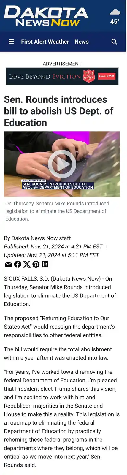 A screenshot of a Dakota News Now article about Senator Mike Rounds introducing a bill to abolish the U.S. Department of…