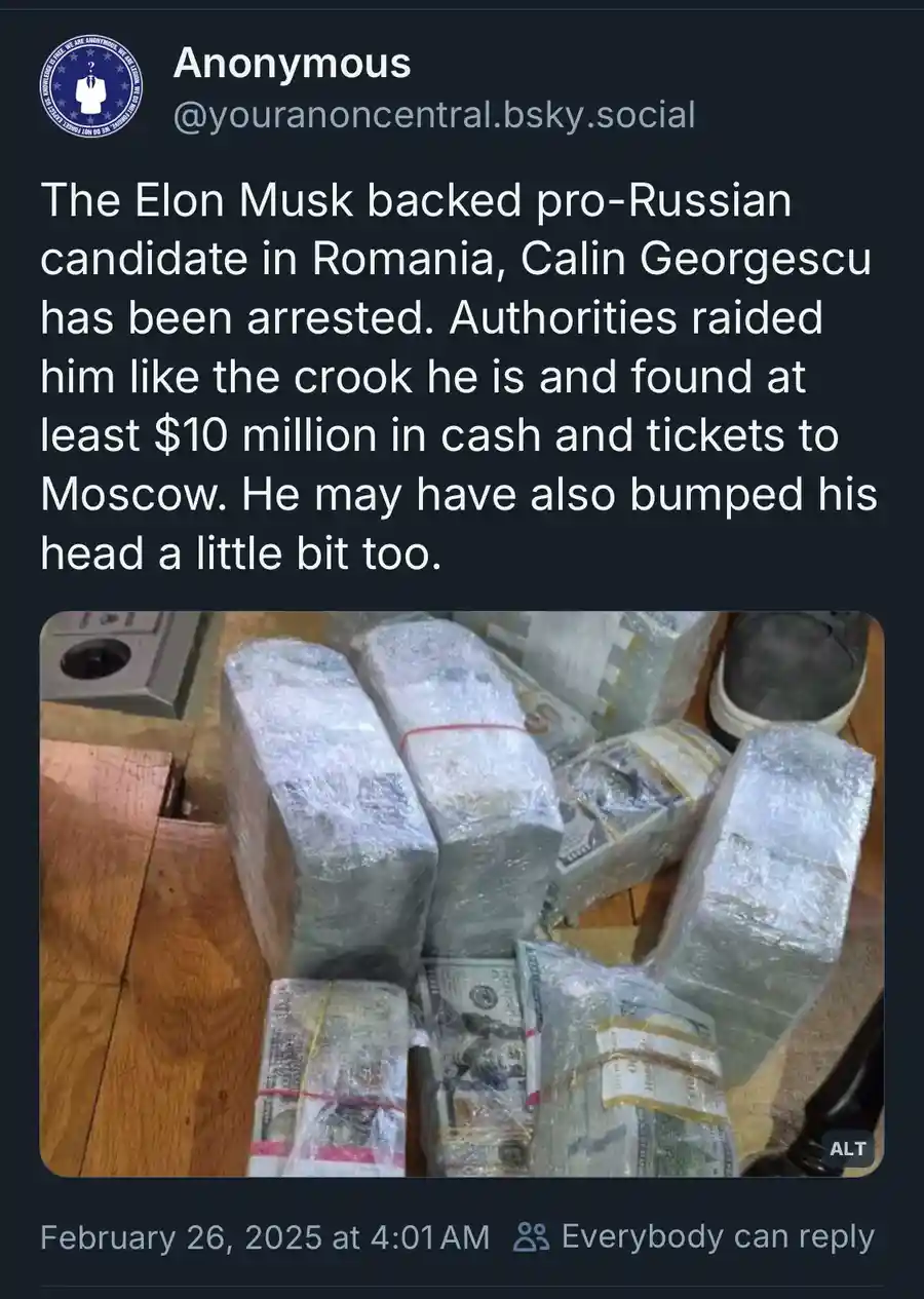 The image shows multiple large, wrapped bundles of US dollar bills on a wooden floor, with a shoe and electrical outlet…