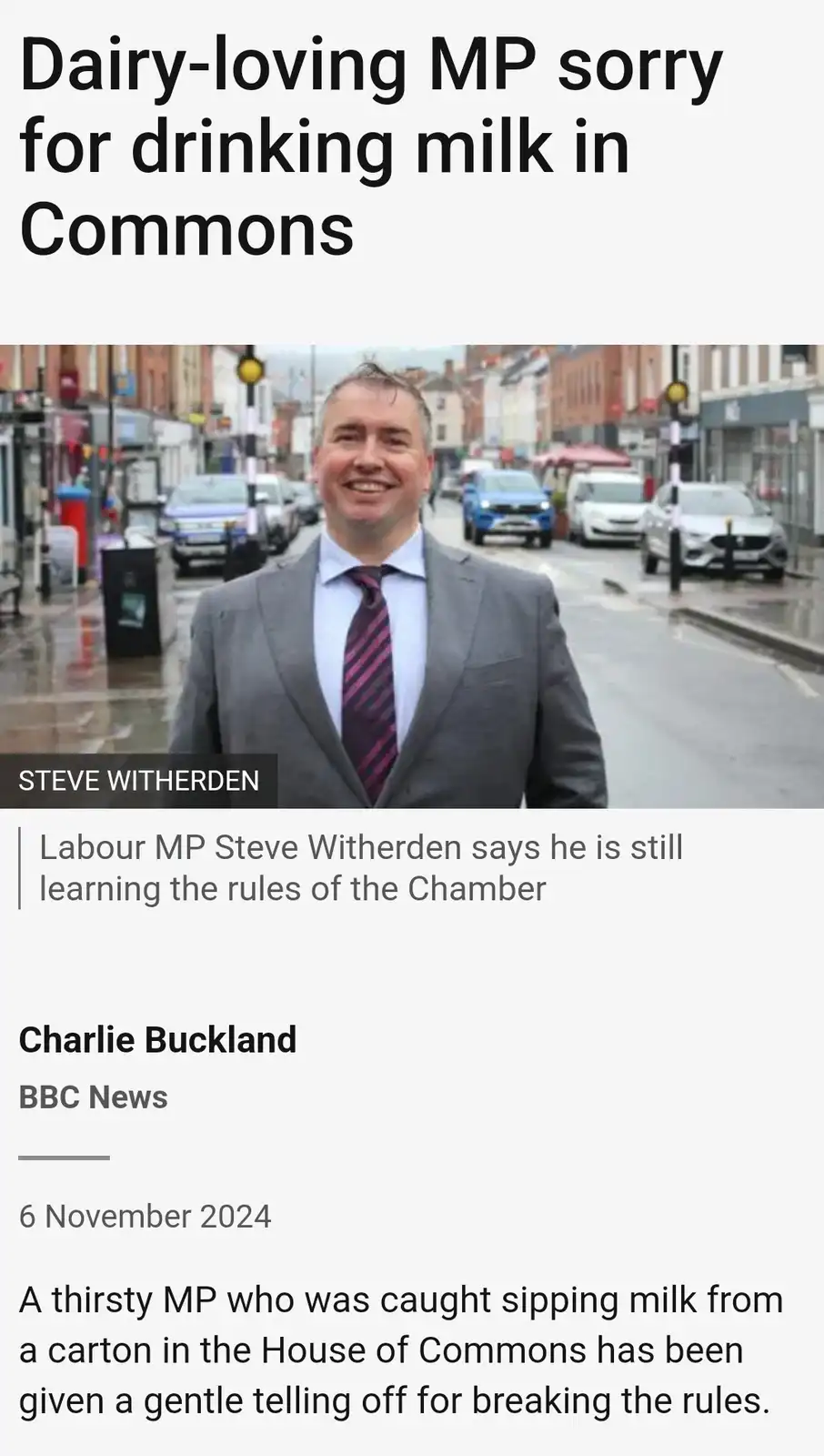 A screenshot of a BBC News article from November 6, 2024, featuring a photo of Labour MP Steve Witherden smiling in a grey…
